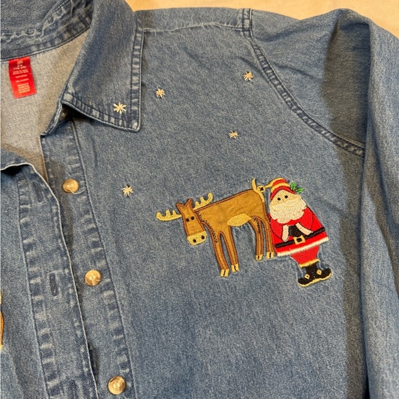 Vintage Embroidered Denim Christmas Shirt with Santa and Reindeer - Picture 3 of 8
